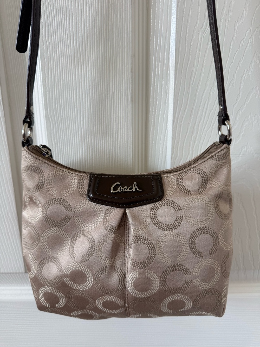 Coach Signature Sateen Pleated Crossbody Bag Khaki Brown Pink Lining